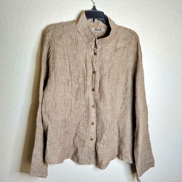 FLAX button down linen langenlook high collar shirt sz L - Picture 1 of 7